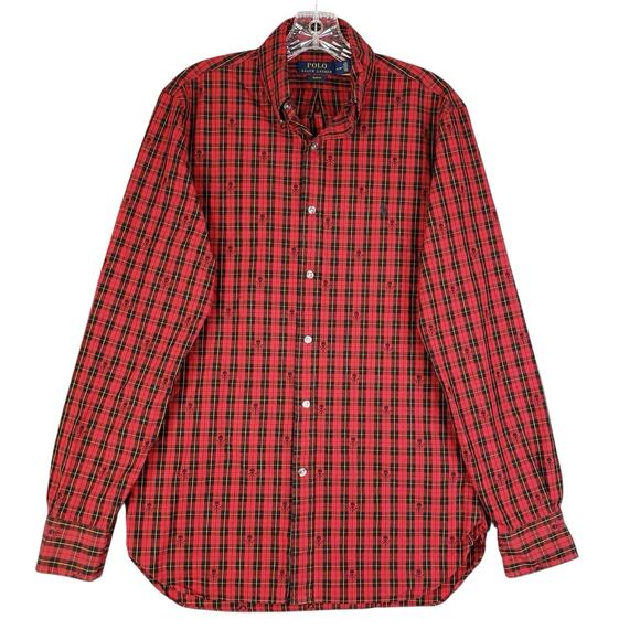 Polo Ralph Lauren Shirt Red Skull Crossbones AOP Button Down LS Slim Fit Punk - Picture 2 of 14
